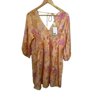 NWT Floral Babydoll Women’s Size S H&M Puff Sleeves V Neck Oversized Pink Yellow